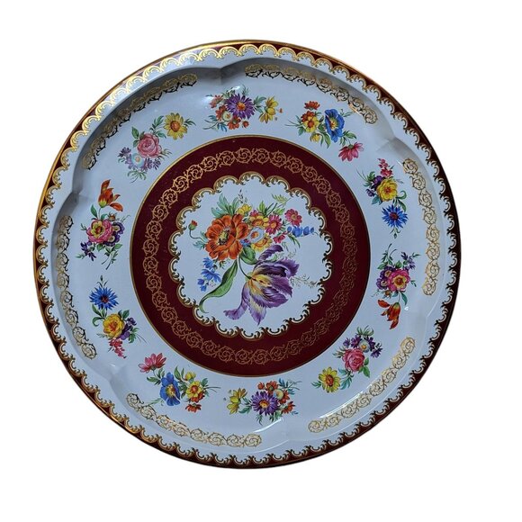 2 Vtg Daher Decorated Ware Round Metal Trays Red Floral 13" Diameter England - Picture 5 of 8